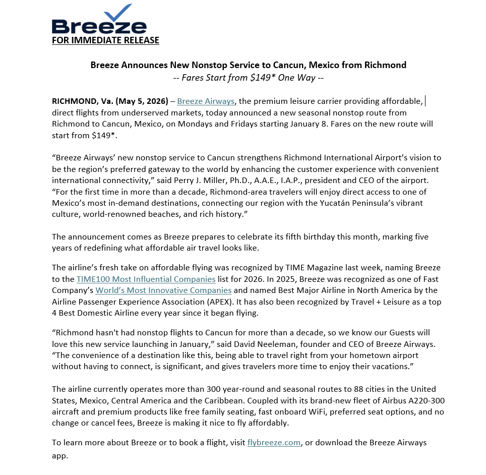 TylerEnglander's tweet photo. New: Breeze Airways has announced new seasonal nonstop service from Richmond to Cancun, Mexico. 

Flights will be on Mondays and Fridays and will start on January 8, 2027. https://t.co/zGv3Hv3TVh