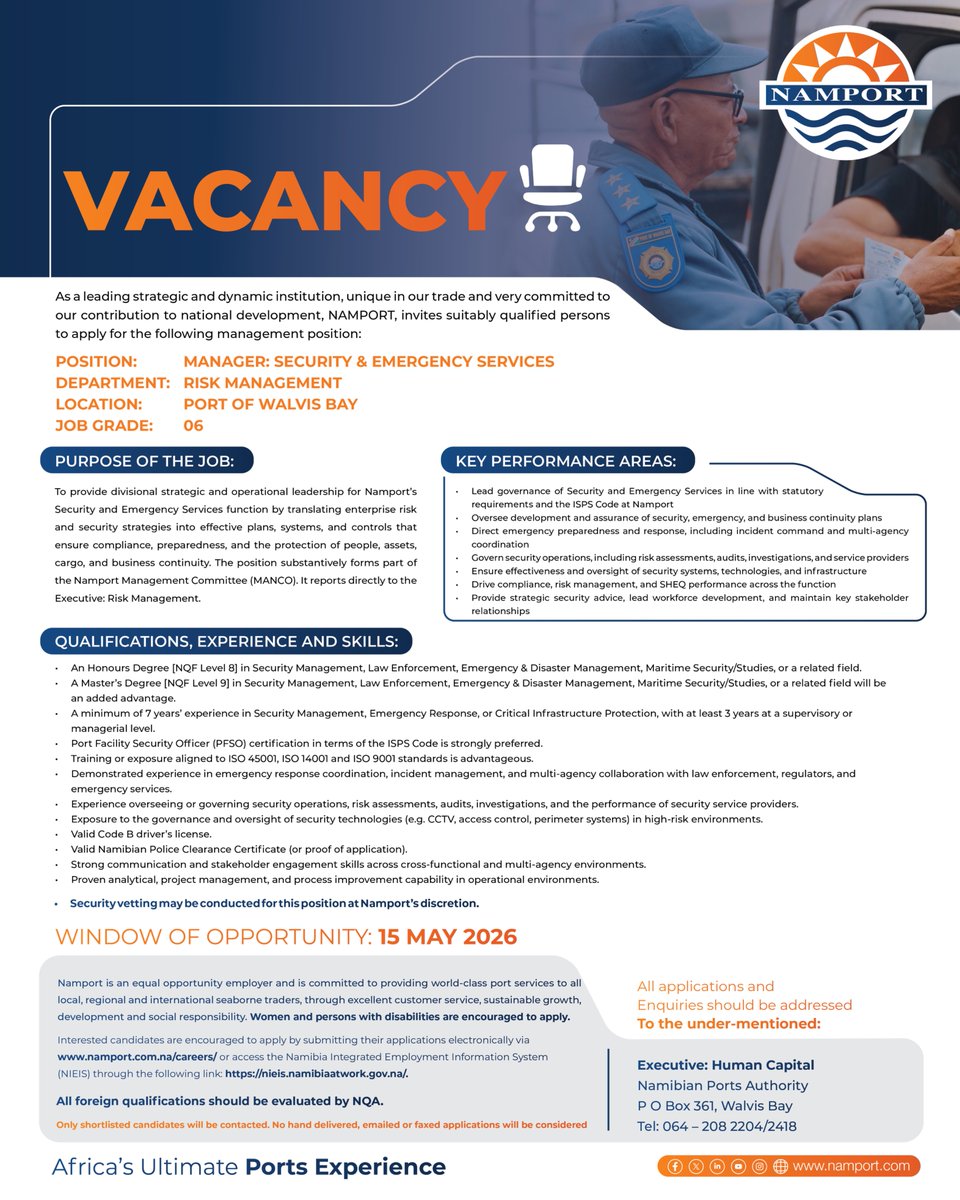 NamibianPorts's tweet photo. 🚨 We’re hiring at Namport!
OHS Specialist &amp; Manager: Security &amp; Emergency Services roles available.
📅 Apply by 15 May 2026
🔗 https://t.co/kBDuo7pFuV
#Namport #Vacancies #JobsNamibia https://t.co/7fjVbHd8iv