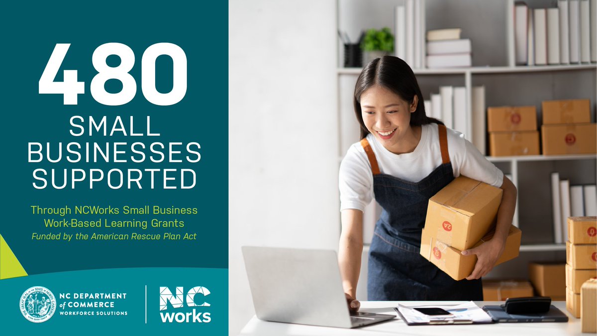 ncworks's tweet photo. Great news for #SmallBusinessWeek!  #NCWorks Small Business Work-Based Learning grants, funded by the American Rescue Plan Act, have now supported 480 small businesses, allowing more than 1,210 individuals to receive training! #NCSmallBiz #NCSmallBizWeek #WorkBasedLearning https://t.co/2LcKVt62YE