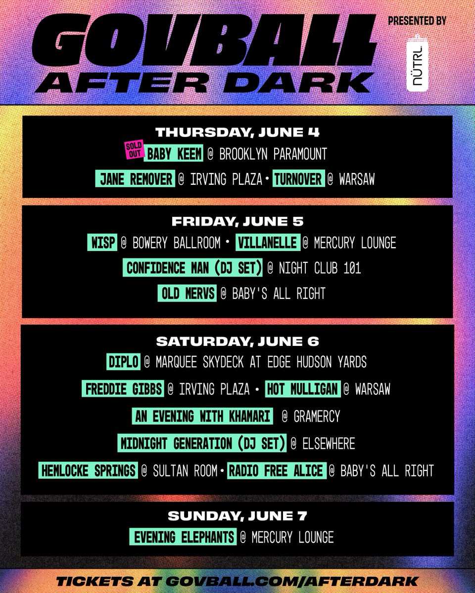 GovBallNYC's tweet photo. After Dark presented by @nutrl_usa 🌙

@citibank presale tickets are available NOW for every show!

general on-sale is Friday, May 8 at 10am ET

https://t.co/11BSODD6aC https://t.co/CJX1zR8II3