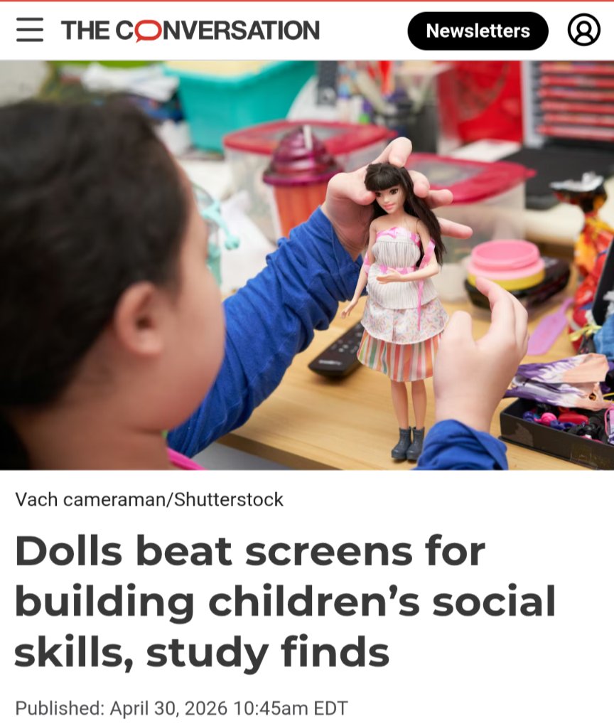 In "no duh" news:

Children were randomly assigned either a set of dolls or a tablet with open-ended creative games.

The kids assigned dolls, rather than tablets, showed a greater improvement in their understanding of others’ mental states.