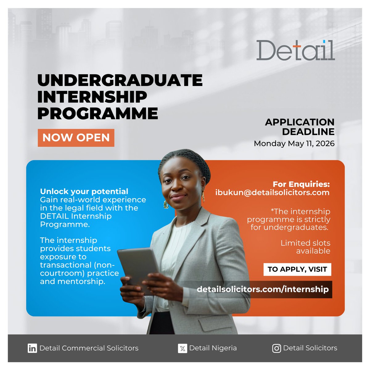 DETAILnigeria's tweet photo. Take advantage of this opportunity and share with others who it may be beneficial to.  

Apply via: https://t.co/1SzgvGELpJ

#DETAIL #internship #law #legaltraining https://t.co/kFr9B52iTo