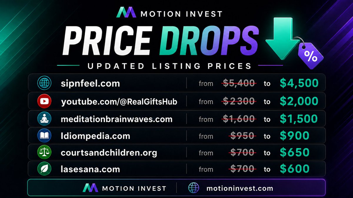Motion_Invest's tweet photo. 🚨 Price Drops Are Live 🚨

We’ve just updated pricing on several website and YouTube channel listings.

If you’ve been watching one of these assets, now may be a good time to take another look!

Browse available listings at https://t.co/uSLlDofWFI

#contentmarketing #contentsites #youtube