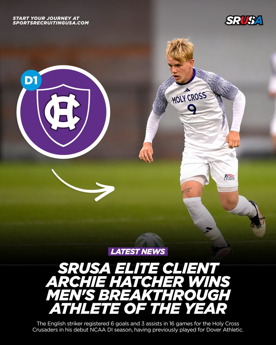 SRUSA_Official's tweet photo. 🏆 𝐁𝐑𝐄𝐀𝐊𝐓𝐇𝐑𝐎𝐔𝐆𝐇 𝐀𝐓𝐇𝐋𝐄𝐓𝐄 𝐎𝐅 𝐓𝐇𝐄 𝐘𝐄𝐀𝐑

👏 Huge congratulations to #SRUSA Elite Client 𝐀𝐫𝐜𝐡𝐢𝐞 𝐇𝐚𝐭𝐜𝐡𝐞𝐫 on winning the Men's Breakthrough Athlete of the Year award at the University of Holy Cross!

🏴󠁧󠁢󠁥󠁮󠁧󠁿 The English striker - formerly of Dover Athletic - has made an outstanding impact in his debut NCAA Division I season with the Crusaders, recording 6 goals and 3 assists across 16 games.

⚽ From English non-league football to award-winning NCAA Division I striker - this is exactly what the college soccer pathway looks like at its best.

👏 Incredibly proud of you, Archie - well deserved and just the beginning!

📧 SRUSA Agent: Dan White (dan@sportsrecruitingusa.com)

#CollegeSoccer