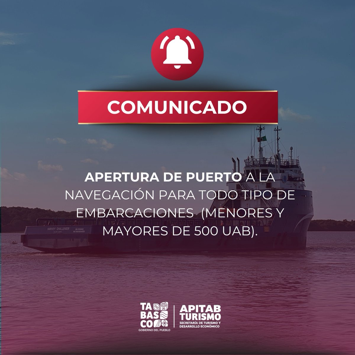 #AvisoImportante #AperturaDePuerto
Por instrucciones de la Capitanía de Puerto, el #PuertodeFrontera y la terminal marítima de Chiltepec, queda totalmente abierto a la navegación el día de hoy 05 de mayo a las 08: 00 horas.