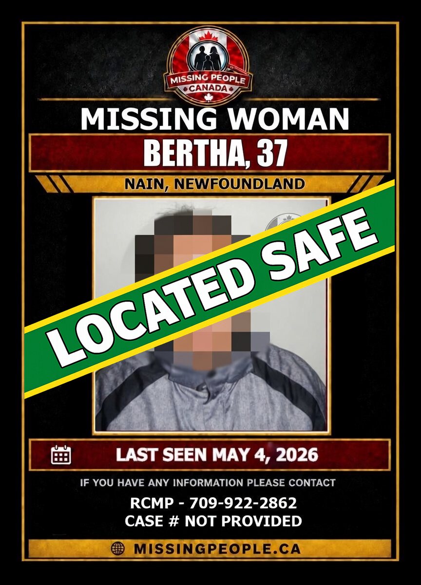 Missing_CA's tweet photo. ✅ LOCATED SAFE – BERTHA

Bertha, 37, who was reported missing in Nain, Newfoundland, has been located safe.

Thank you to the community for your assistance.

#LocatedSafe #Bertha #Nain #Newfoundland #MissingPersonLocated #MissingPeopleCanada https://t.co/3ll1qNuYbX