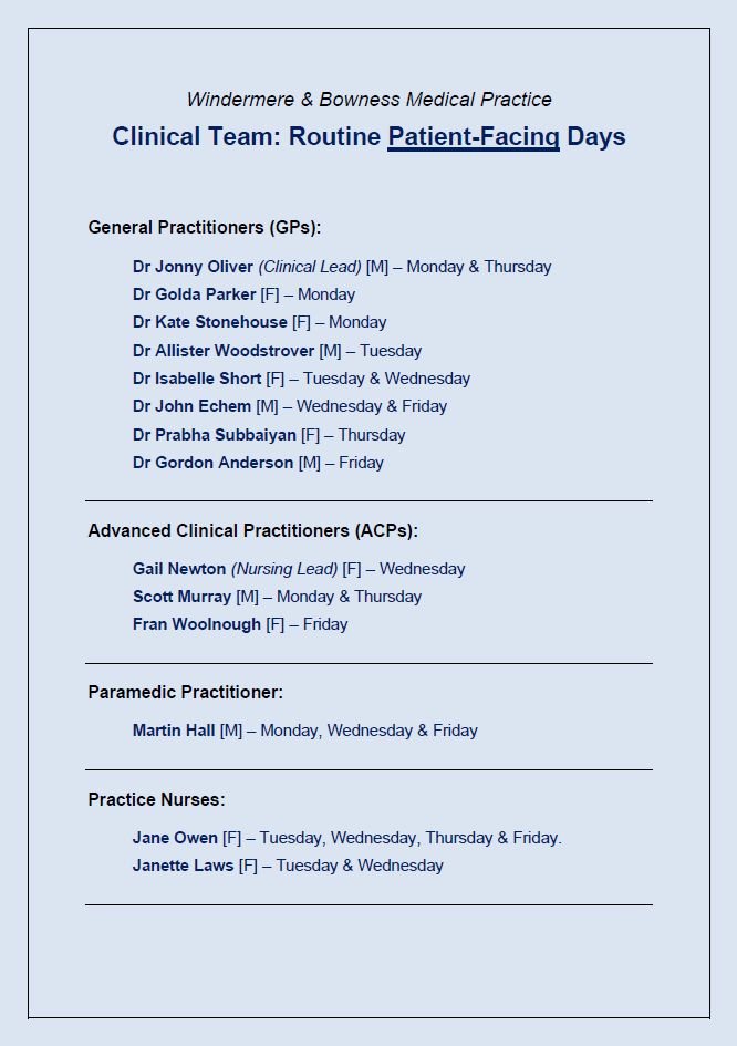 GPwindermere's tweet photo. Hi everyone,

I wanted to share our updated clinical team’s patient-facing days with you all. I say 'patient-facing', because as with most practices, the team also have time devoted to admin work and practice/personal development.

Take care,
Nick@Windermere. https://t.co/lZzZGsDpp2