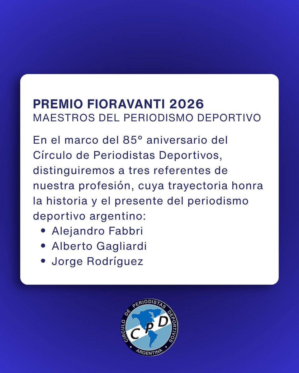 CirculoCPD's tweet photo. El próximo 25 de mayo, celebraremos el 85° aniversario del Círculo.
Y entregaremos los Premio Fioravanti a tres Maestros del Periodismo Deportivo.
Restaurante Ditali (Maipú 902) 12:30 hs
Valor del cubierto: $20.000
Incluye bebida, entrada y plato principal.
Reservas (11)6018-1887 https://t.co/RTT25pfzs5