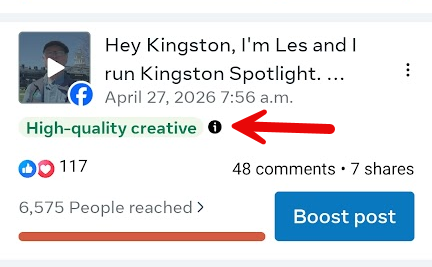 ResultsPath's tweet photo. Do you really need a ring light and a film crew to get noticed?

I just made a simple video for my Kingston Spotlight newsletter. No captions. No music. No fancy AI effects. I wasn't even acting "perfect" because I was in a rush. I just trimmed the clip and cleaned up the background noise.

Meta Business Suite ended up labeling it as "high quality creative." 👀✨

With so much fake AI content and robotic images everywhere, being a real person is a massive advantage. People are tired of being sold to. When you share something real that connects, you don't need a hard sell to get attention.

The catch? I don’t have many followers on that page yet. If I had just posted it and hoped for the best, it would have gone nowhere.

Instead, I put ten dollars into a boost (a very specific way). That was it. Because the video was real, people actually stopped to watch. Now the reach and engagement are WAY up.

When your message is good, you don't need fancy editing. "Low production" actually builds more trust.

Shout out to @dennisyu @theleadgenqueen David Calafiore @drewmgriffin for the inspiration to keep things real.

I love helping small business owners figure out this 'tiny-budget' stuff. If you have a question about how this works, just drop it below or send me a DM to say hi 👋