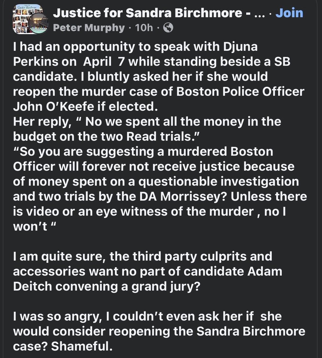 DonutsBaga's tweet photo. 💥Below is a FB post from Retired Canton Police Sergeant Peter Murphy on Djuna Perkins!

💥I’ve said it all along, Perkins is a hand picked hack imo, which is why she’s receiving nearly all of the funding. Norfolk County better pay attention. They’re trying to stick you with Morrissey 2.0 to protect the corrupt machine!

💥Morrissey asked and received millions from the state for the corrupt prosecution of Karen Read, but Djuna wouldn’t even ask for a dead cop. 

NICE TRY! 🖕🏻🖕🏻

💥Justice For John O’Keefe!
💥Justice For Sandra Birchmore!