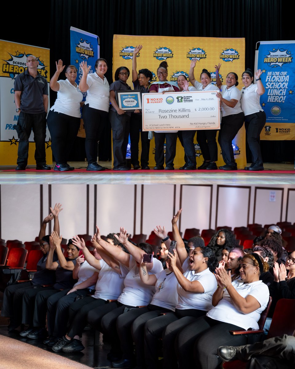 FLFNW's tweet photo. Yesterday was full of surprises at Hillsborough High School! 🎉 We had the honor of celebrating Rosezine Killins as a 2026 Florida School Lunch Hero, recognizing the care, dedication, and heart she brings to serving students every day. 
 
#FLSchoolLunchHero https://t.co/2bVyZsrldz