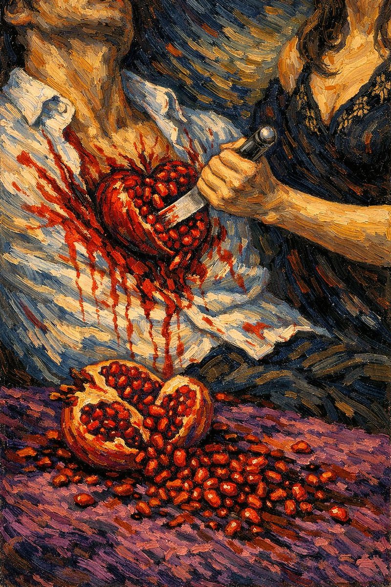 WildeDire's tweet image. A knife’s cold, silver mnemonic slides through the ribcage of trust.. a betrayal flavored with the almond scent of her skin. Oh #dear, how exquisitely that woman carves the pomegranate of my heart, spilling its stained, seedy secrets onto the aubergine rug.
#vss365