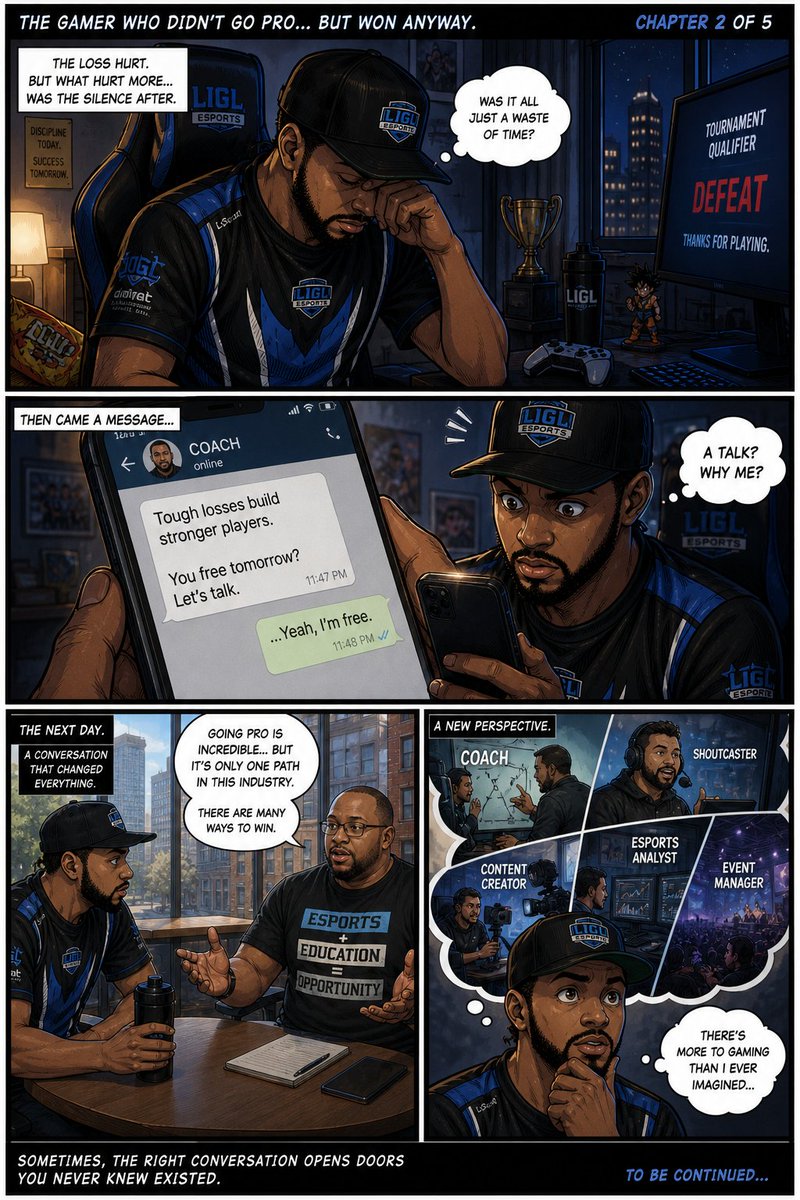 LIGamingLeague's tweet image. 🎮 “The Gamer Who Didn’t Go Pro… But Won Anyway” (Part 2/5)

The game ended… but the silence hit harder.

No more callouts.
No more teammates in his ear.
Just the glow of the screen… and the weight of what just happened.
#gamers #comicbook #longisland