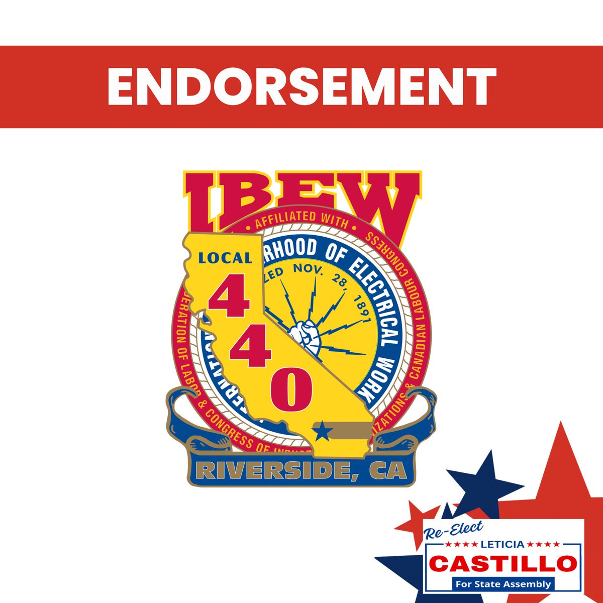Castillo_AD58's tweet photo. Endorsement Alert!

The International Brotherhood of Electrical Workers (IBEW) Local Union 440 endorses Leticia Castillo for reelection to the California State Assembly in 2026! https://t.co/cl9475mGkT