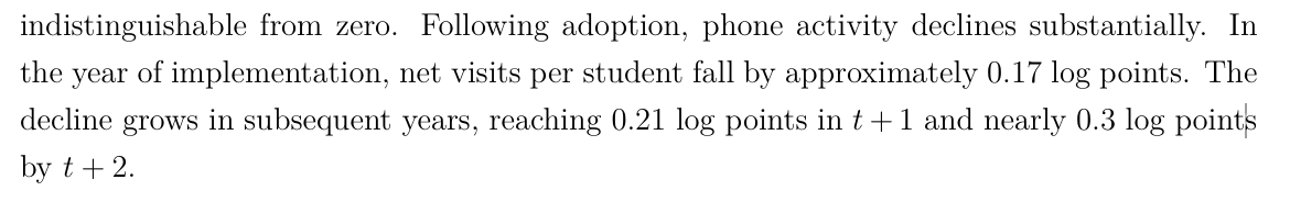 NateWitkin's tweet photo. Two very important caveats to the (excellent) new working paper on school phone bans from Alcott et al. (https://t.co/kdaIn5myaI).

First, the treatment—Yondr pouch adoption—only led to a .3 log point drop (~26%) in phone visits by year 2 (pg. 28, screenshot 1). I neither find it surprising this didn’t yield a significant effect on test scores, nor think it’s sufficient to rule out such an effect either with more time, or a stricter intervention.

Second, it’s a huge deal that a drop this small led to significant increases in subjective well-being across middle and high school, in the former’s case of a whole (school-level) SD in year 1 (pg. 33 and pg. 50, screenshots 2 and 3)! The latter is to my knowledge the largest well-being effect ever found for a phone-use intervention.

Very, very hard to see how anyone could use this study to argue against phone bans, rather than for them.