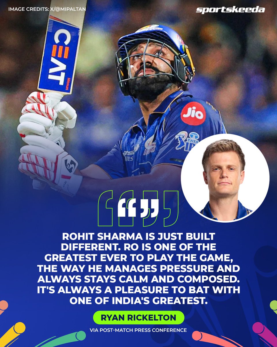 Sportskeeda's tweet photo. Ryan Rickelton hails Rohit Sharma as one of Indiaโs all-time greats ๐ฏ๐ฎ๐ณ
#Cricket #MIvLSG #IPL2026 https://t.co/jpSbGSJArB