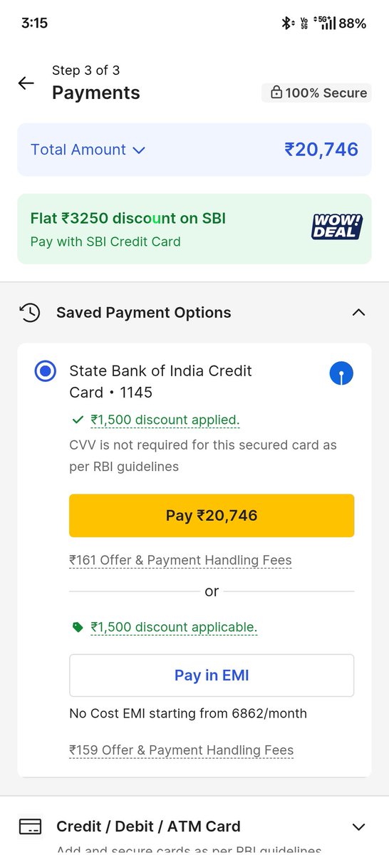 gdsingh94's tweet photo. This is how @Flipkart @flipkartsupport makes fool off there customers shows FLAT₹3250 OFF on product page but when making the payment its just ₹1500 off 

It also mentions above as FLAT 3250 off on SBI credit card https://t.co/NhWUXJ0TsQ
