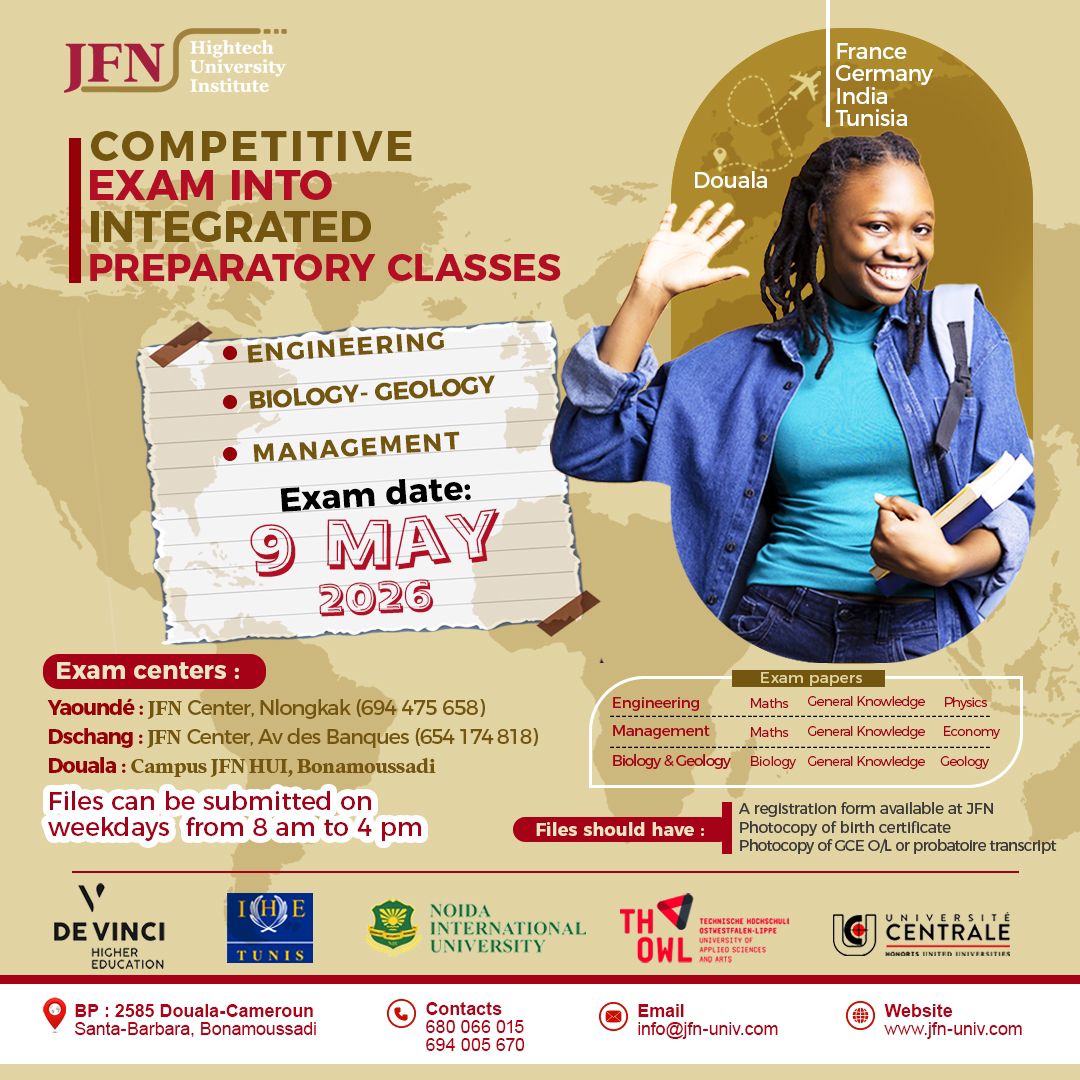 Jfnit's tweet photo. Become an engineer or management expert!

Integrated prep competition – May 9, 2026
📍 Douala • Yaoundé • Dschang
📚 Maths • CG • Physics/Eco/Bio

⏳ Files open (8 a.m.–4 p.m.)
🔥 Register now and get ahead!

#Competition #Prepa #Future #Cameroon https://t.co/PAabmSZDgd