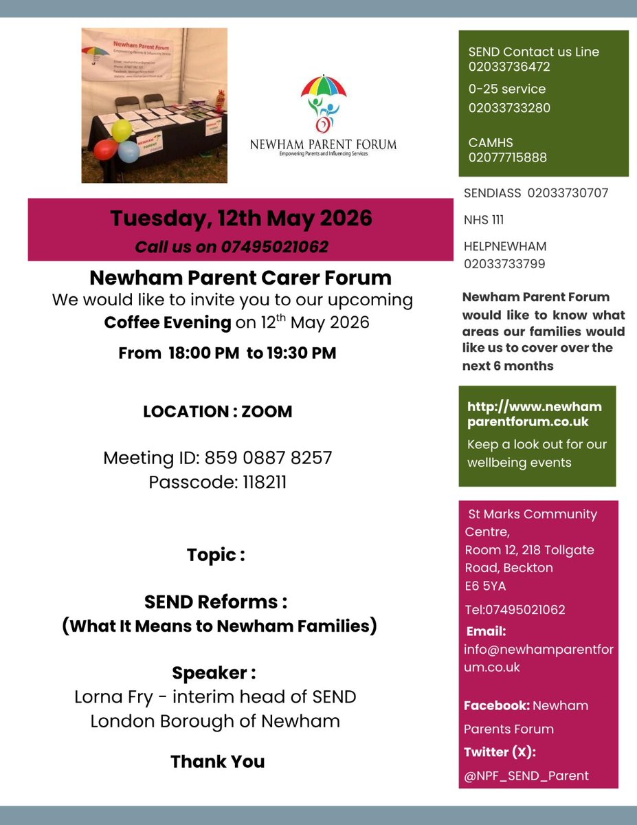NPF_SEND_Parent's tweet photo. Join our Online  Coffee Evening! Tuesday,1th May 2026, from 18:00 PM to 19:00 PM. Meeting ID: 859 0887 8257,Passcode: 118211, Topic :SEND Reform - (What It Means to Newham Families),Speaker : Lorna Fry,Best,NPCF https://t.co/KgrVaCG3ZQ