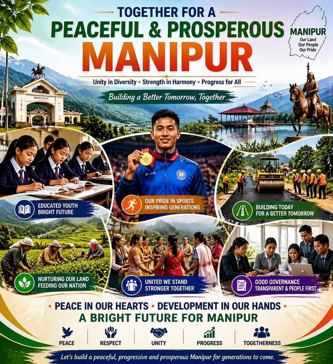 juni395819's tweet photo. Manipur stands strong, united in peace and progress! From hardworking students to dedicated athletes and farmers, every individual plays a role in shaping our future. Together, we build a brighter tomorrow. 🌾📚⚽#ManipurPeace #UnityInDiversity #StrengthInUnity" https://t.co/o5xgWNoCGp
