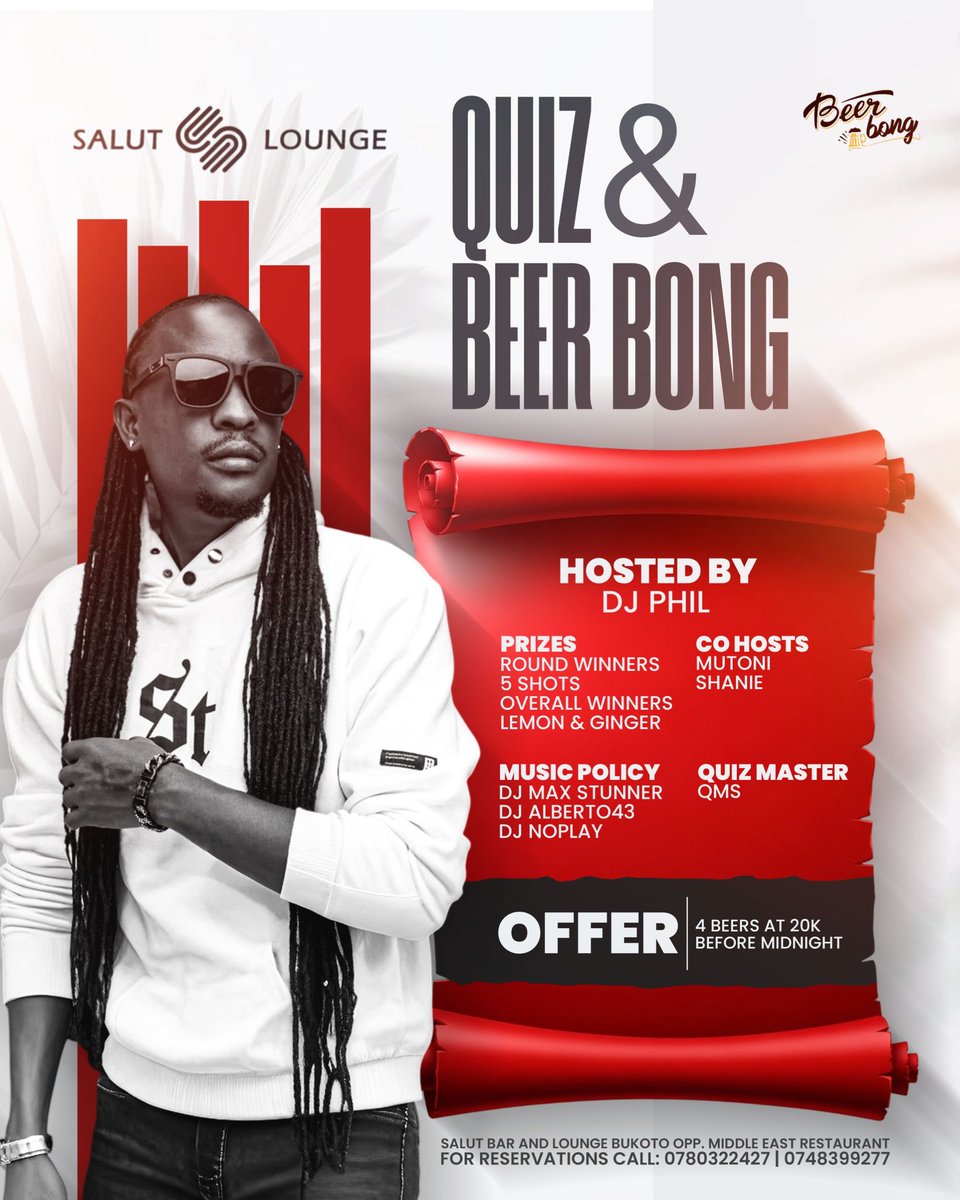 salutloungebar2's tweet photo. Beer Bong &amp; Quiz experience 
Hosted by DJ Phil with a full lineup to keep you locked in all night .
Pull up with your crew 📍 Salut Lounge Bukoto https://t.co/ae9atkcXb6