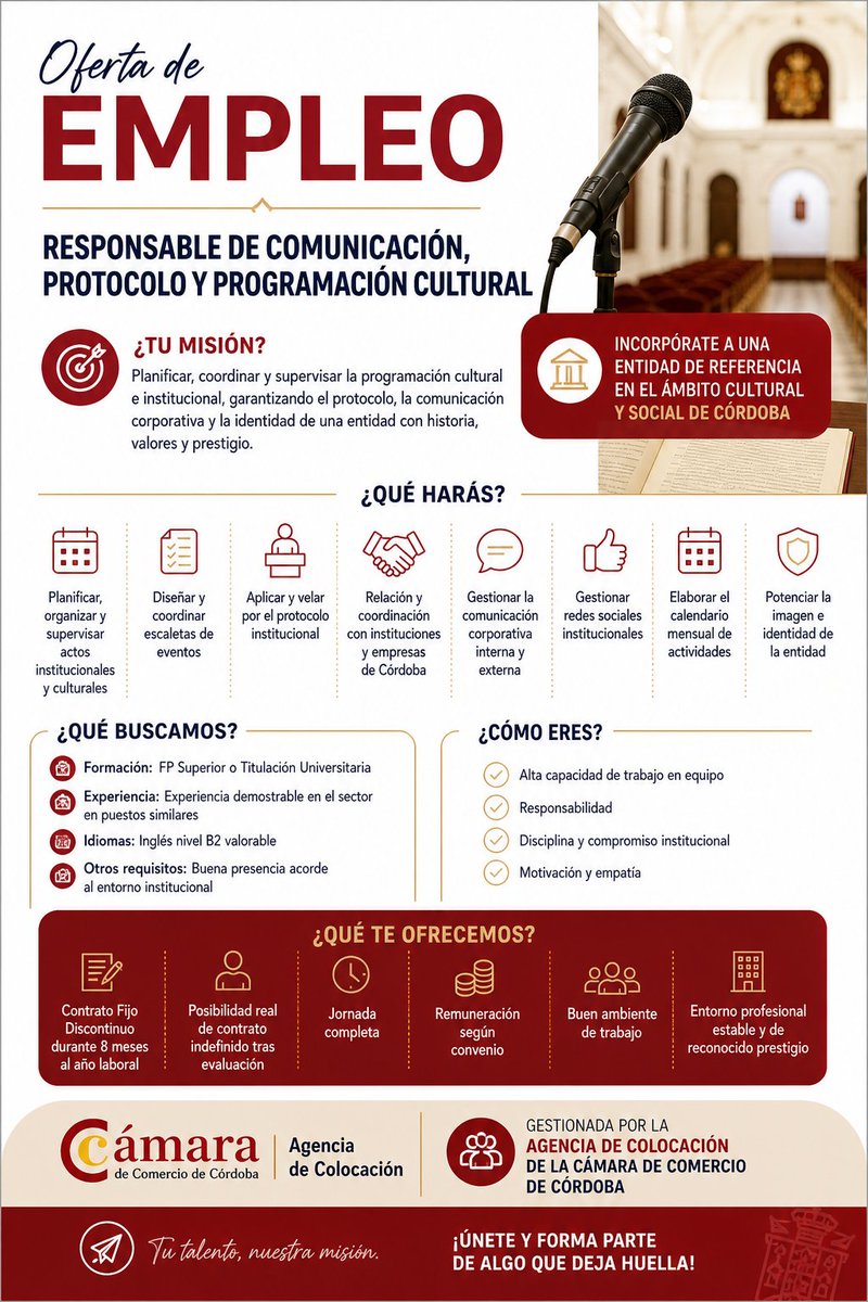 camaraemplea's tweet image. Nueva oferta #trabajo Camara Emplea: RESPONSABLE DE COMUNICACION PROTOCOLO Y PROGRAMACION CULTURAL en #cordobaesp @camaraofcordoba &amp;gt; camaraemplea.com/ofertas/respon… #camaraemplea