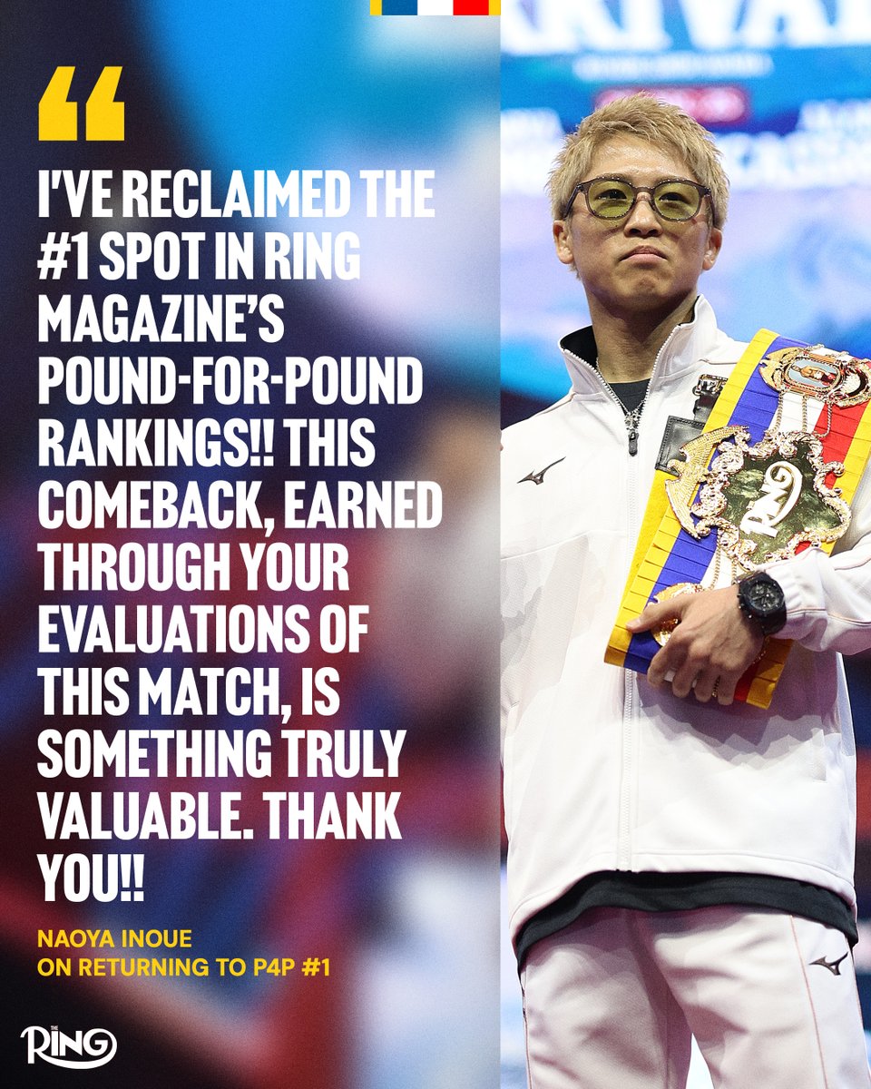 ringmagazine's tweet photo. Naoya Inoue is delighted after reclaiming his throne as The Ring's pound-for-pound king 👑 https://t.co/nfLaw8CgQ3