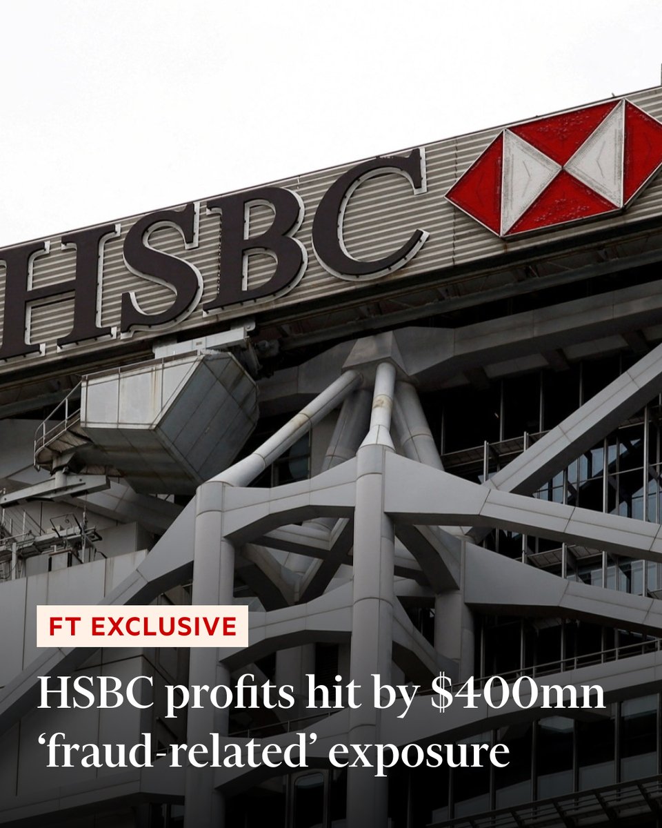 FT's tweet image. FT exclusive: HSBC has taken a $400mn 'fraud-related' charge tied to collapsed UK mortgage lender Market Financial Solutions, hitting quarterly profits at Europe’s biggest bank and sending its shares down more than 5% ft.trib.al/YEtpN64