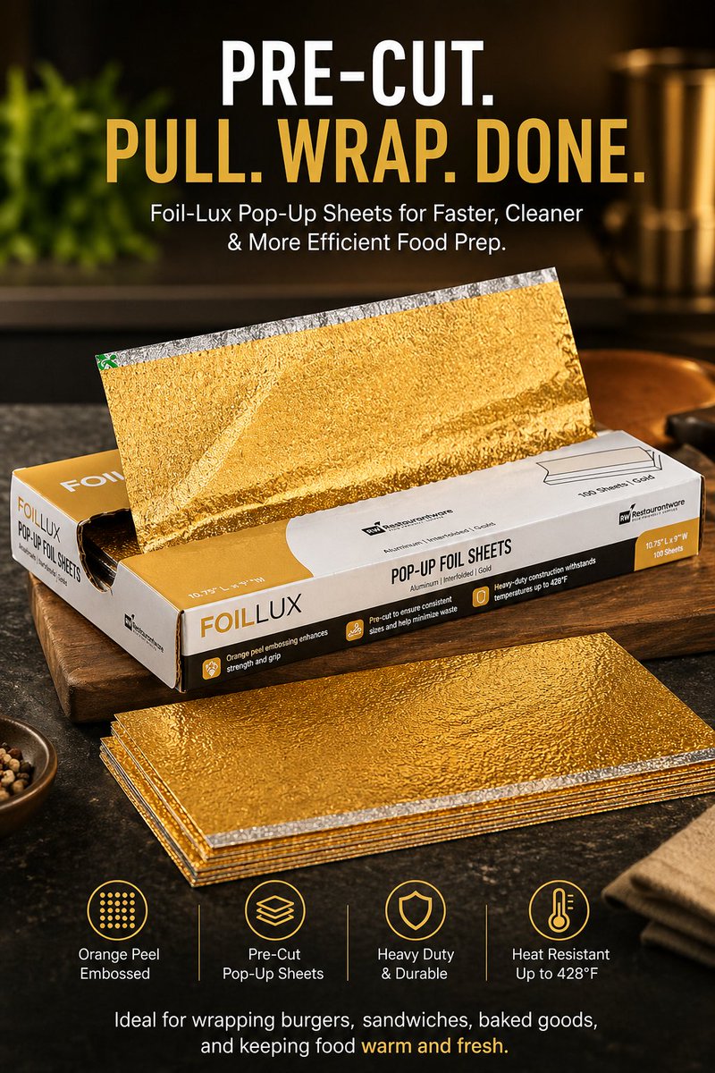 restaurantware's tweet photo. Still tearing foil mid-service? That’s slowing you down.
These pop-up foil sheets are built for speed, consistency, and zero hassle in busy kitchens.
✔ Interfolded pop-up design = grab one, no cutting needed 
✔ Embossed texture = better grip, less slipping 
✔ Durable aluminum = keeps food warm longer 
✔ Greaseproof + oven/freezer safe = versatile use 
Wrap faster. Serve hotter. Stay efficient.