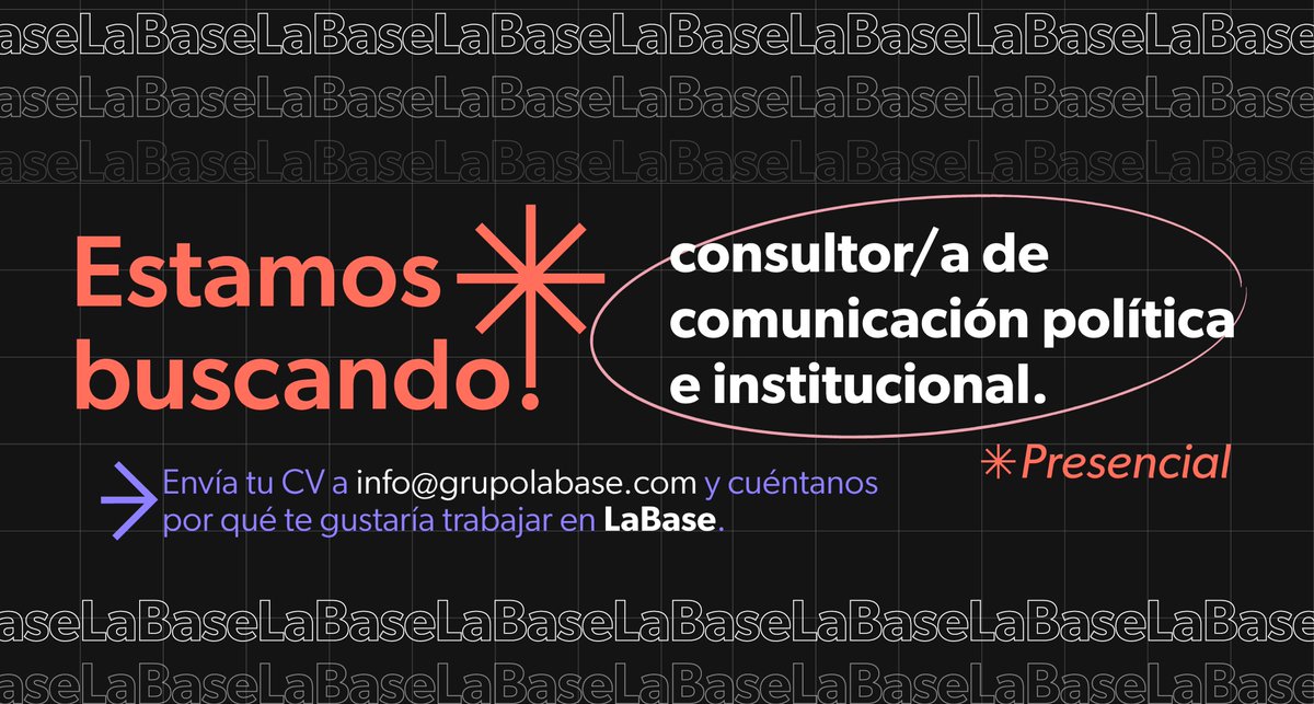LaBaseGroup's tweet photo. En #LaBase ampliamos equipo.

Si te interesa qué hay detrás de una buena campaña electoral y entiendes la comunicación institucional como herramienta para acercar instituciones a la ciudadanía 🫵 te estamos buscando. 

📩 Escríbenos a info@grupolabase.com https://t.co/vlv30UGeKw