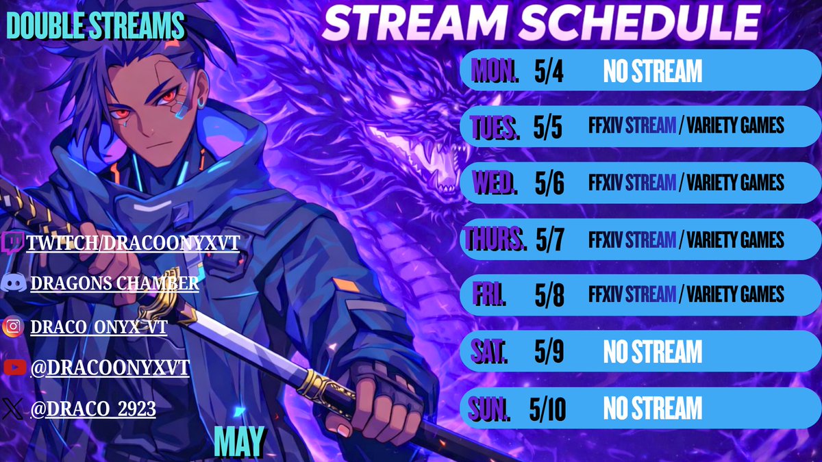 draco_2923's tweet image. Hello all, it's your favorite Dragon Warrior, King Draco with @madamefox420! This weeks streams is gonna be fun as always, can't wait to see you all there! 
⬇️⬇️⬇️
twitch.tv/dracoonyxvt
#twitchstreamer #vtuberuprising
