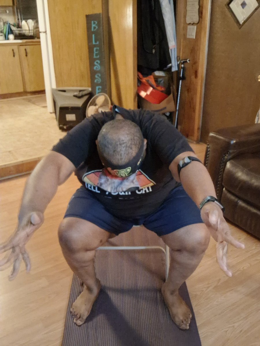 JMBrand2025's tweet image. The modification I came up with for "fold forward" while in the chair that doesn't put a whole lotta strain on the side of my back that's giving me issues right now. It still gives me a challenge but doesn't hurt me. #adapt #alwaysready #imnotfinished @DDPYoga @RealDDP