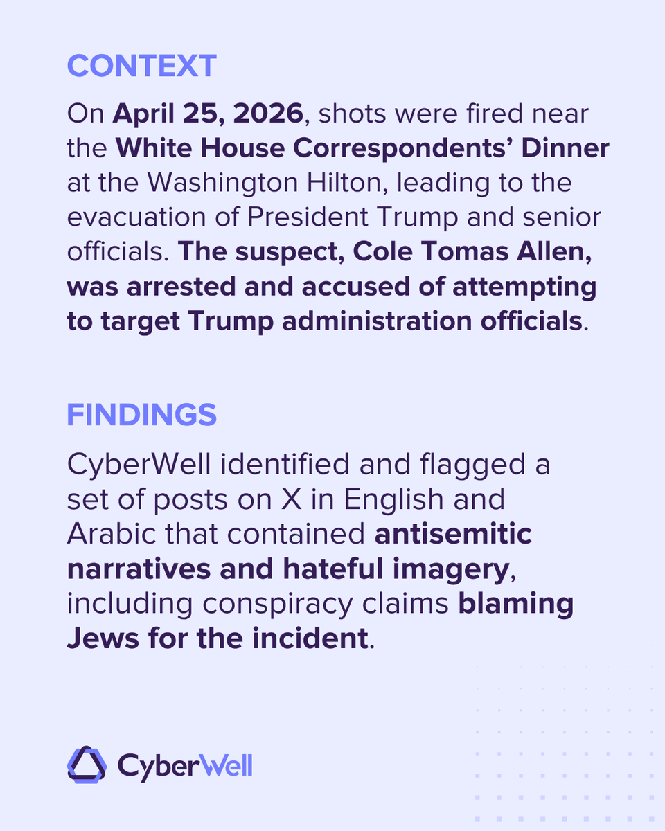 CyberWell_org's tweet photo. Conspiracy narratives claiming that Jews “control” governments or secretly influence political leaders are a longstanding form of antisemitism. These narratives were identified in posts circulating after the 2026 White House Correspondents’ Dinner shooting.

In the content flagged by CyberWell, users alleged Jewish control over the U.S. government and President Trump’s administration, and in some cases, blamed Jews for the shooting at the WHCD.

These claims are antisemitic because they repeat a centuries-old trope portraying Jews as a hidden, all-powerful group responsible for global affairs. They have no factual basis and often resurface during times of political crisis or major public events, when uncertainty increases the spread of misinformation.

By attributing complex events to a single group, these narratives dehumanize Jews and have historically contributed to discrimination and violence.