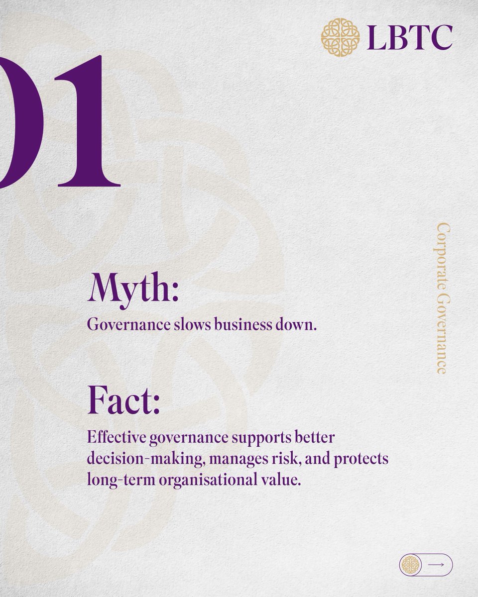 lbtc_uk's tweet image. 🏛️ Corporate Governance Myths&amp;amp;Facts
Think governance slows business down? Think again

With LBTC Corporate Governance Master board structures, risk management &amp;amp; regulatory compliance. 🛡️
👉 Enrol for Training:🌐🔗 lbtc.co.uk

#MythAndFact #CorporateGovernance #LBTC