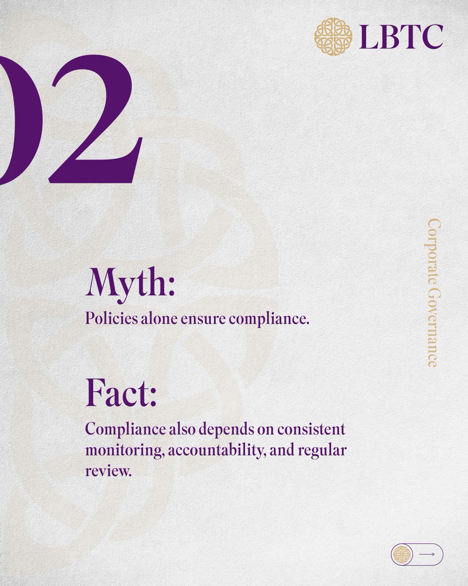 lbtc_uk's tweet image. 🏛️ Corporate Governance Myths&amp;amp;Facts
Think governance slows business down? Think again

With LBTC Corporate Governance Master board structures, risk management &amp;amp; regulatory compliance. 🛡️
👉 Enrol for Training:🌐🔗 lbtc.co.uk

#MythAndFact #CorporateGovernance #LBTC