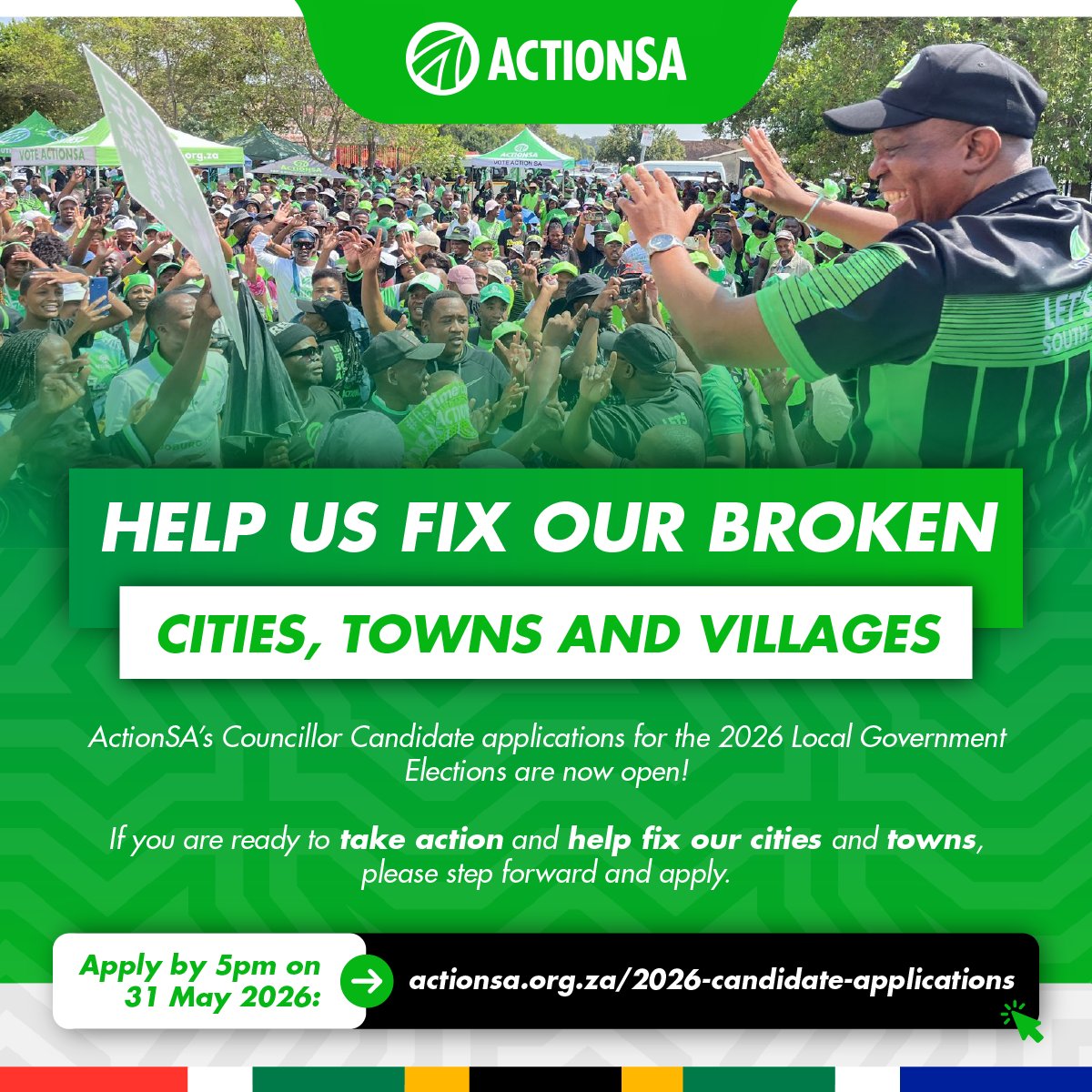 Action4SA's tweet photo. 🚨 Your community needs you! 🫵🏽 

ActionSA has opened applications for Councillor Candidates for the 2026 Local Government Elections.

Take the first step toward fixing your village, town or city - apply today: https://t.co/SNpjPcwUgS

Deadline: 31 May 2026

#ReadyForAction