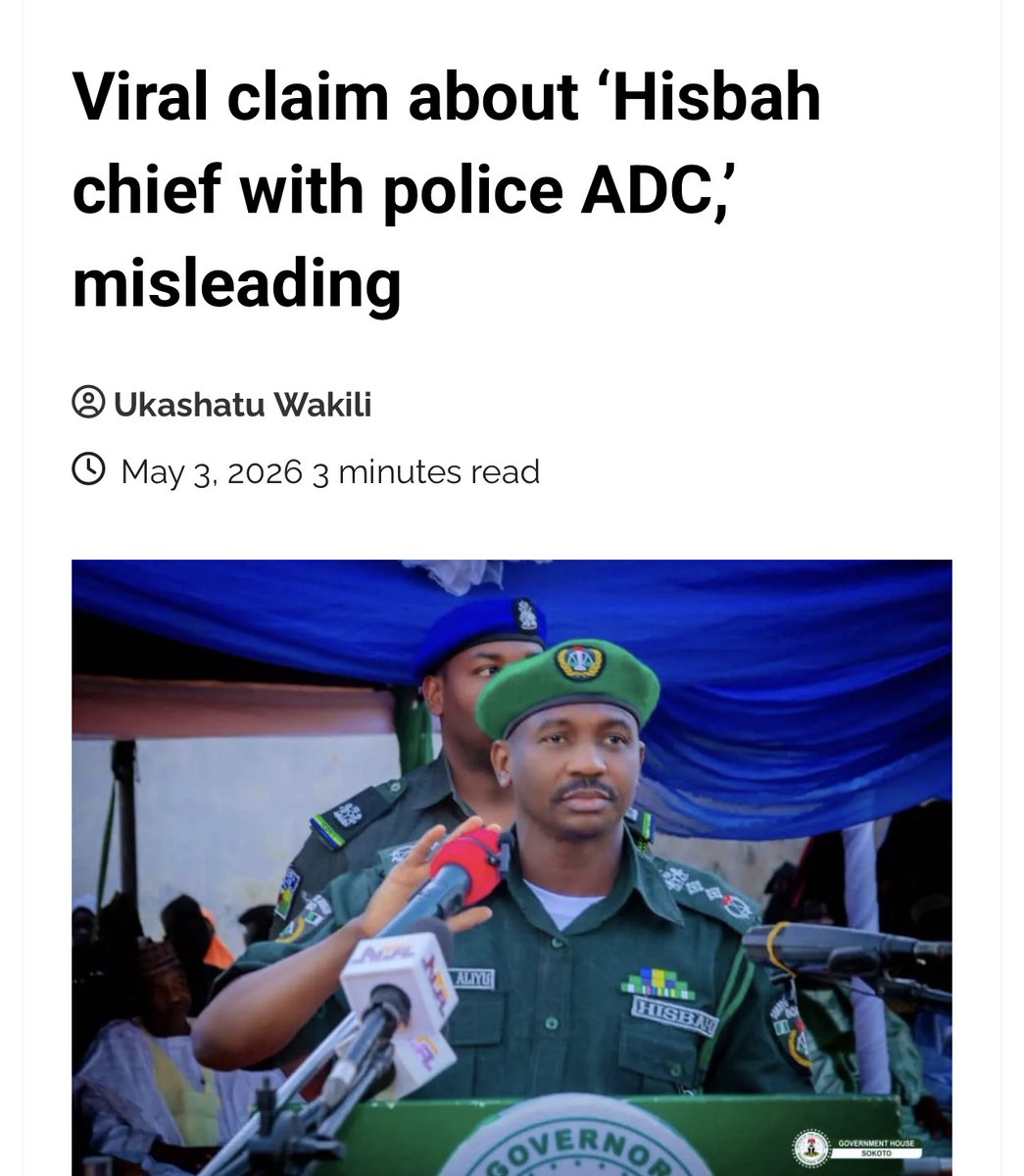 DubawaFacts's tweet photo. There is a photo going around claiming a Hisbah official now has a Police ADC and that Nigeria is no longer a secular state. This is a lie. The person in that photo is the Governor of Sokoto State. https://t.co/CNT0uQ5XZH