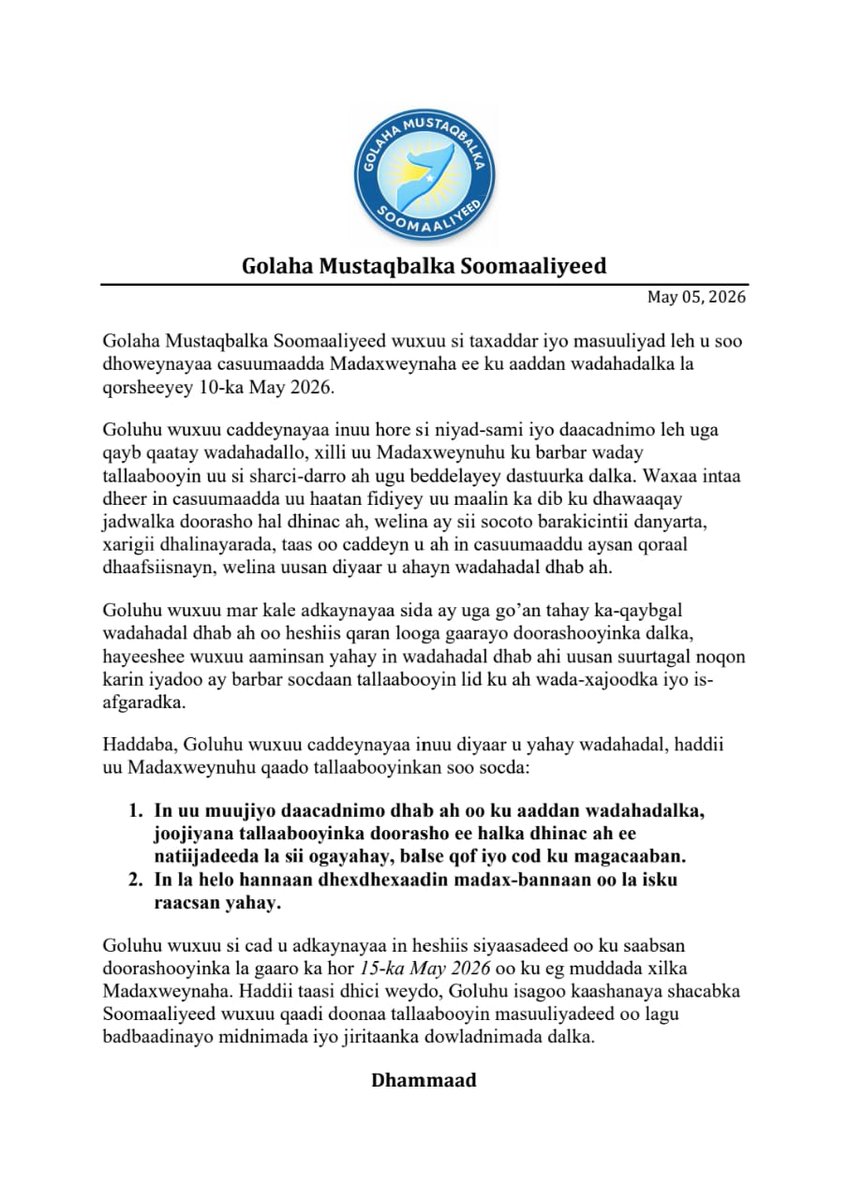 MohamedSelh's tweet image. #Somalia: Golaha Mustaqbalka oo shuruud ku xidhay ka qaybgalka gogosha wada-hadal ee Dowladda Federaalka; "Wada-hadal diyaar baan u nahay, haddii Madaxweynuhu joojiyo doorashada halka dhinac ah , lana helo dhexdhexaadiyayaal."