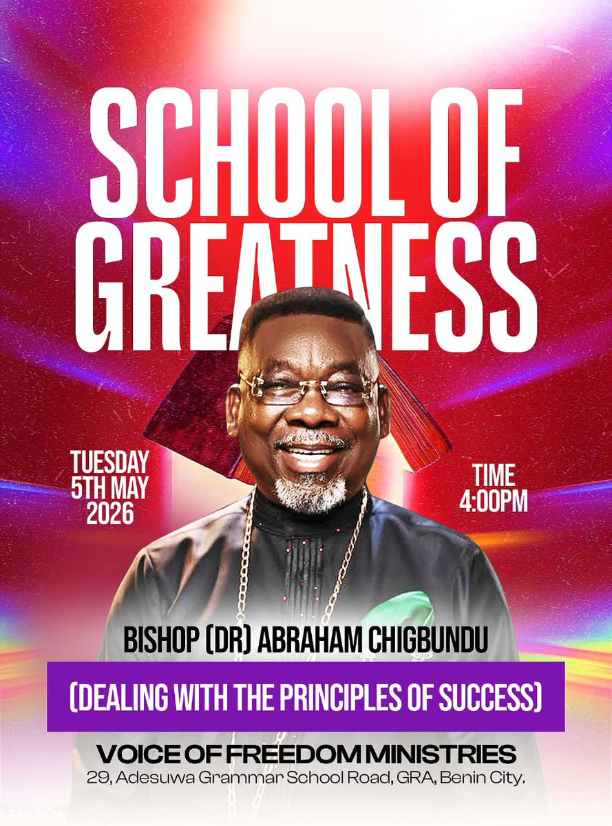 vfmglobal's tweet photo. SCHOOL OF GREATNESS

There is a dimension where ordinary ends… and greatness begin. 
📅 Tuesday, 5th May 2026
⏰ 4:00PM

Come ready. Come hungry. Come expectant.

Your next level is not a mystery — it is a principle away.

#SchoolOfGreatness #KingdomPrinciples #VoiceOfFreedom https://t.co/od6sV8ZkQ4