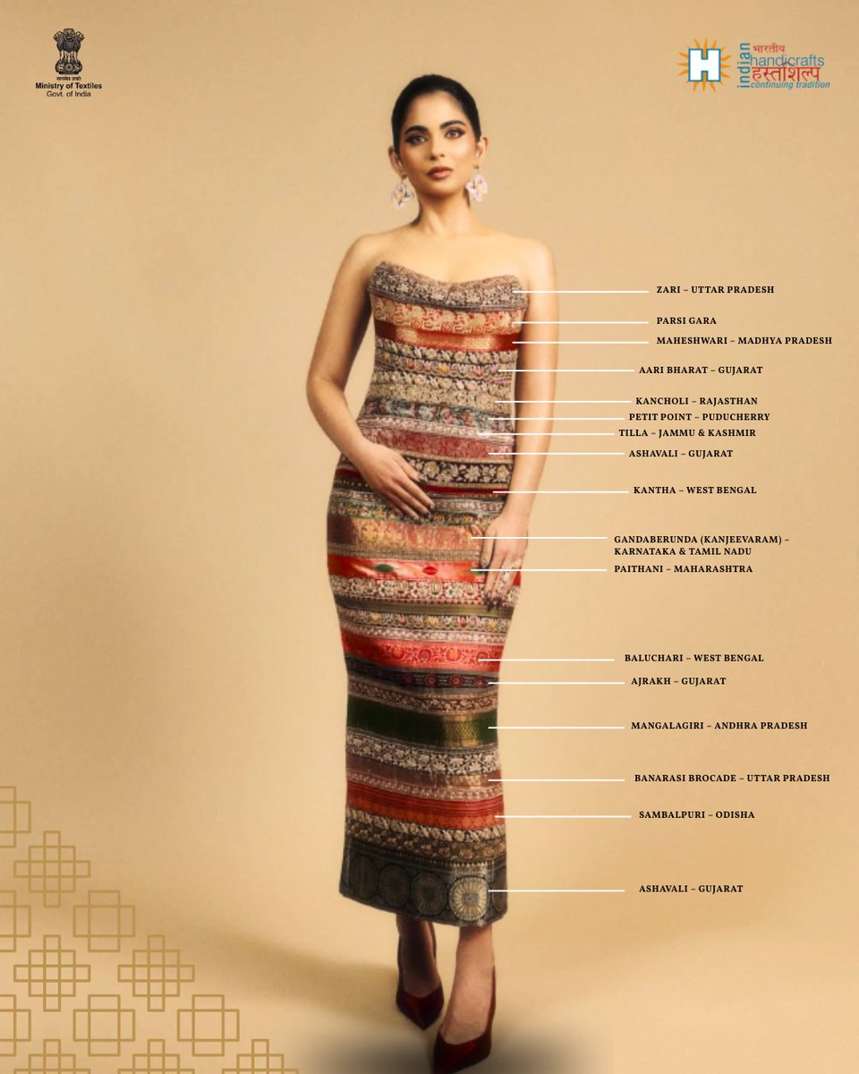 handicraftsdc's tweet photo. Couture meets culture on the global stage. ✨
Isha Ambani’s Manish Malhotra x Swadesh ensemble is a breathtaking map of India, weaving together the mastery of the hastshilpi from across the regions.
From Banarasi to Gara, every border tells a story. #ThreadsOfIndia #MetGala https://t.co/LvppSg24dX