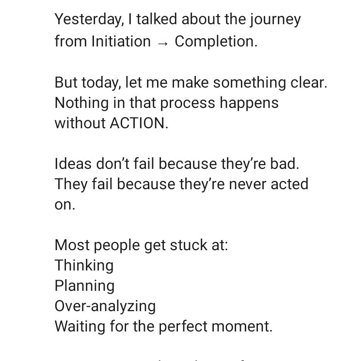 klassic_Wale's tweet image. Yesterday we talked about:
Initiation → Completion.
Today is about the driver 
Action.

No action = No progress.
Start. Move. Adjust.

Execution begins the moment you do.
— klassicWale
@AfiaDimple_
#GrowthMindset
#ConsistencyWins #SelfDevelopment
#IntentionalLiving