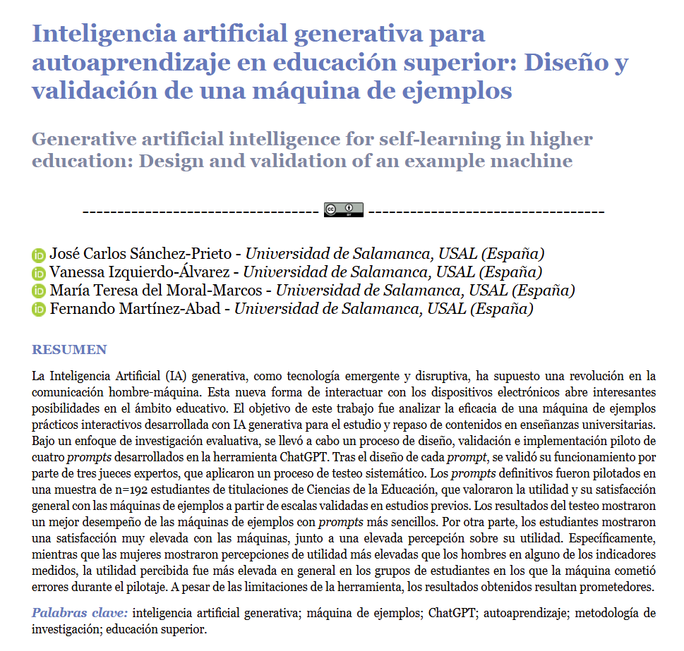 RIEDjournal's tweet photo. 📚 Inteligencia artificial generativa para autoaprendizaje en educación superior: máquina de ejemplos

El uso de prompts diseñados como “máquinas de ejemplos” muestra altos niveles de satisfacción y utilidad entre el alumnado.

▶️https://t.co/94Bc31zJTu https://t.co/PTsA6KsWTc