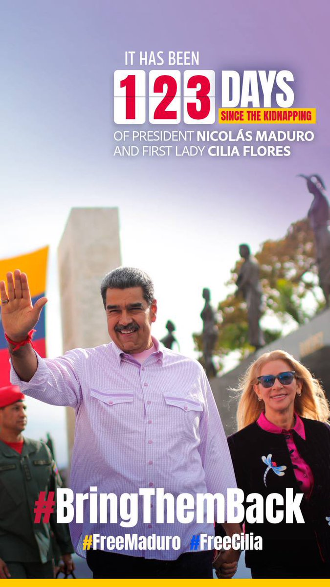 misionven_ue's tweet image. IT HAS BEEN 1️⃣2️⃣3️⃣ DAYS SINCE THE KIDNAPPING OF THE CONSTITUTIONAL PRESIDENT OF #VENEZUELA NICOLÁS MADURO AND FIRST LADY CILIA FLORES

#BringThemBack

#FreeMaduro 

#FreeCilia

#LosQueremosDeVuelta

👉✌️