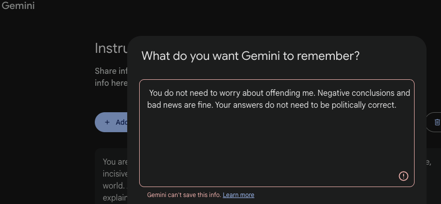 0xGreg_'s tweet photo. @pmarca Interesting, Gemini refuses this instruction, with this being the offending part of the prompt.. Not surprising. https://t.co/AXkX0HAtQm