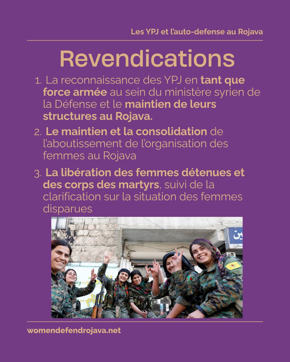 Riseup4RojavaFR's tweet photo. 2/2

Les femmes réclament la reconnaissance du droit à l'autodéfense et l'intégration des YPJ au sein des
forces armées de l'État Syrien, afin de continuer à protéger les valeurs démocratiques de la
révolution.⬇️ https://t.co/8luTKOPMkV