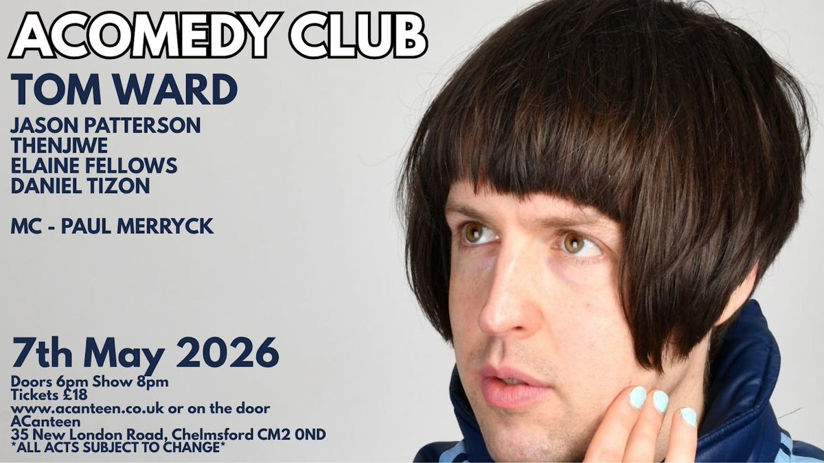1607WestEgg's tweet image. Appearing here Thursday 7th May.

Tickets billetto.co.uk/e/acomedy-club…

#comedy #Chelmsford