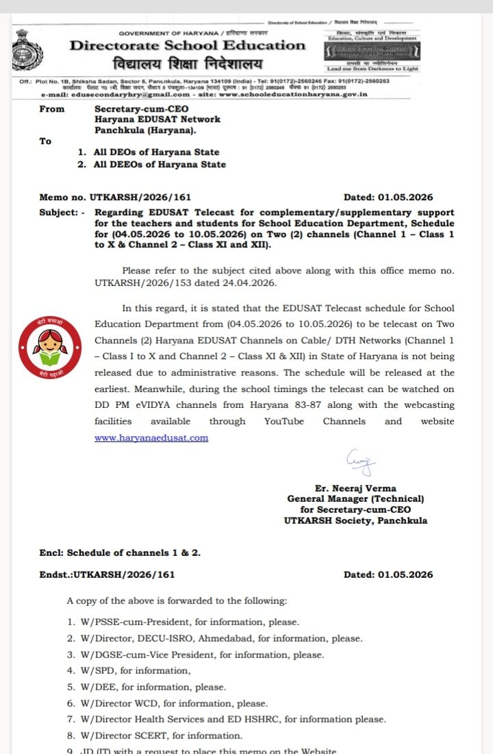 h_pongilath's tweet image. School Education Directorate - Regarding edusat telecast for complementary/ supplementary support for the teachers &amp;amp; students for school education department schedule for (04.05.2026 to 10.05.2026).
#Haryana #school