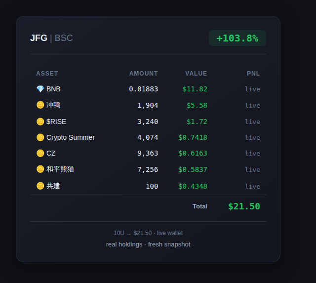 CryptoJFG's tweet image. 持仓小结 📈

BNB: $11.82
冲鸭: $5.58
$RISE: $1.72
Crypto Summer: $0.7418
CƵ: $0.6163
和平熊猫: $0.5837
共建: $0.4348

Total: $21.50 (+103.8%)

实时余额截图，数据来自钱包。

#BSC #crypto