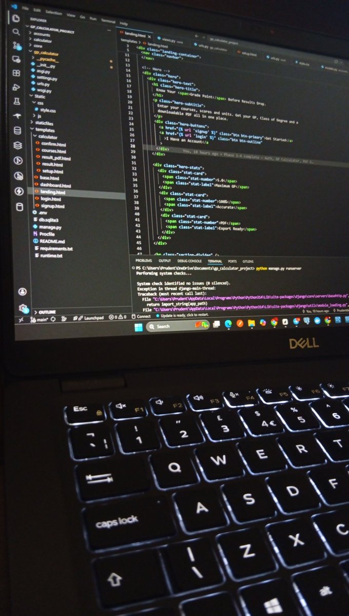 prudentdev_xyz's tweet photo. I don't think I'll ever regret starting my Tech path by learning @notzerohub, because it's definitely helping my academics, I have a project to present tomorrow and it's a GP Calculator Application.

Built-in "Html, CSS, Django and Supabase".

More updates will be dropped later. https://t.co/enytD90DRh