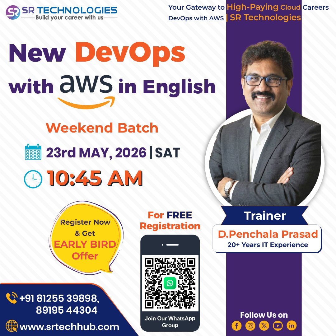 srdevopshub9's tweet image. New DevOps with AWS in English Weekend Batch by SR Technologies.

23rd May, 2026 | Sat | 10:45 AM

Highlights:

• Free registration
• Early bird offer

Join the WhatsApp community:
 chat.whatsapp.com/LhFdFjbLfZyFF1…

#DevOps #AWS #CloudComputing #AWSTraining #WeekendBatch #CloudCareers